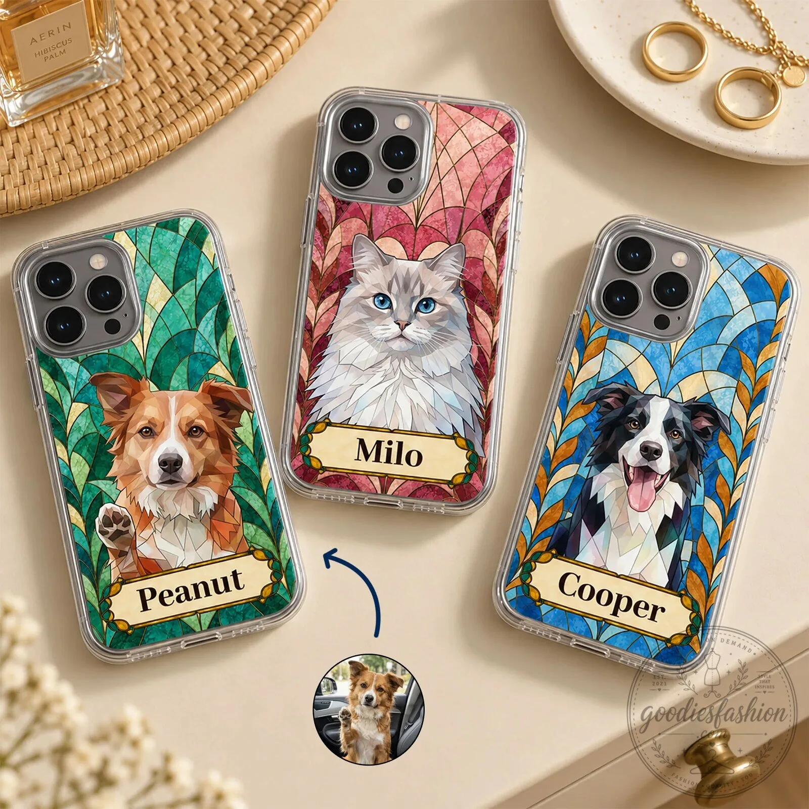 Personalized Pet Portrait Stained Glass Style Custom Dog Cat Photo Phone Case