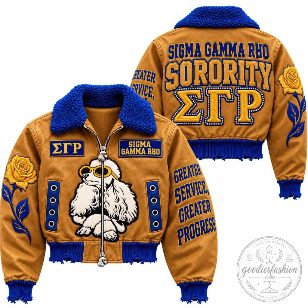 Sigma Gamma Rho Sorority Cropped Bomber Jacket with Embroidered Poodle Design Sigma Gamma Rho Sorority Cropped Bomber Jacket with Embroidered Poodle Design