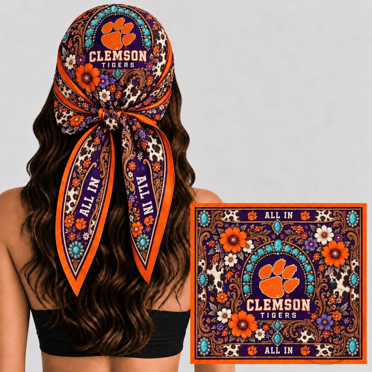 Clemson Tigers Western Boho Floral All In Silk Bandana Scarf