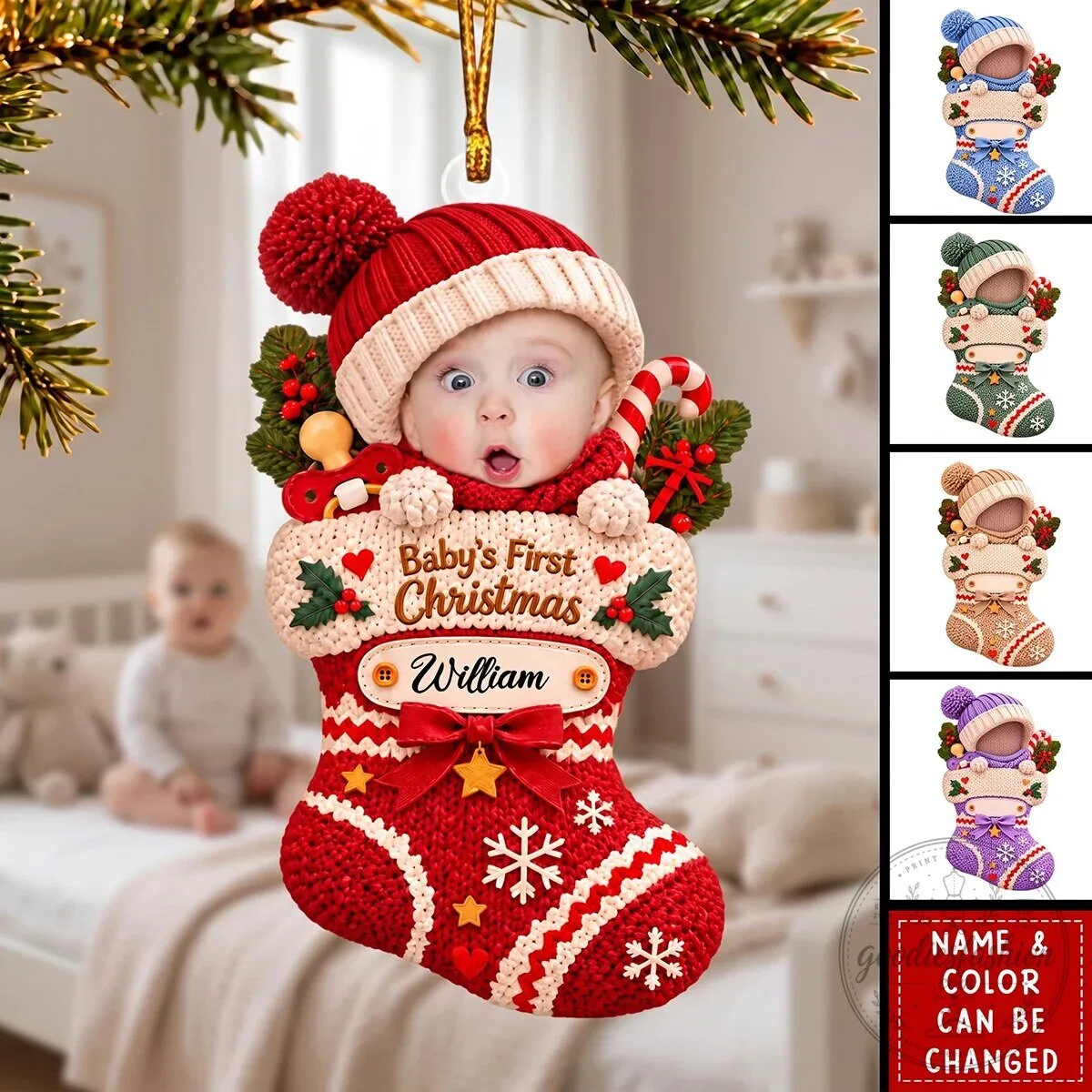 Personalized Baby's First Christmas Stocking Photo Ornament Custom Gift