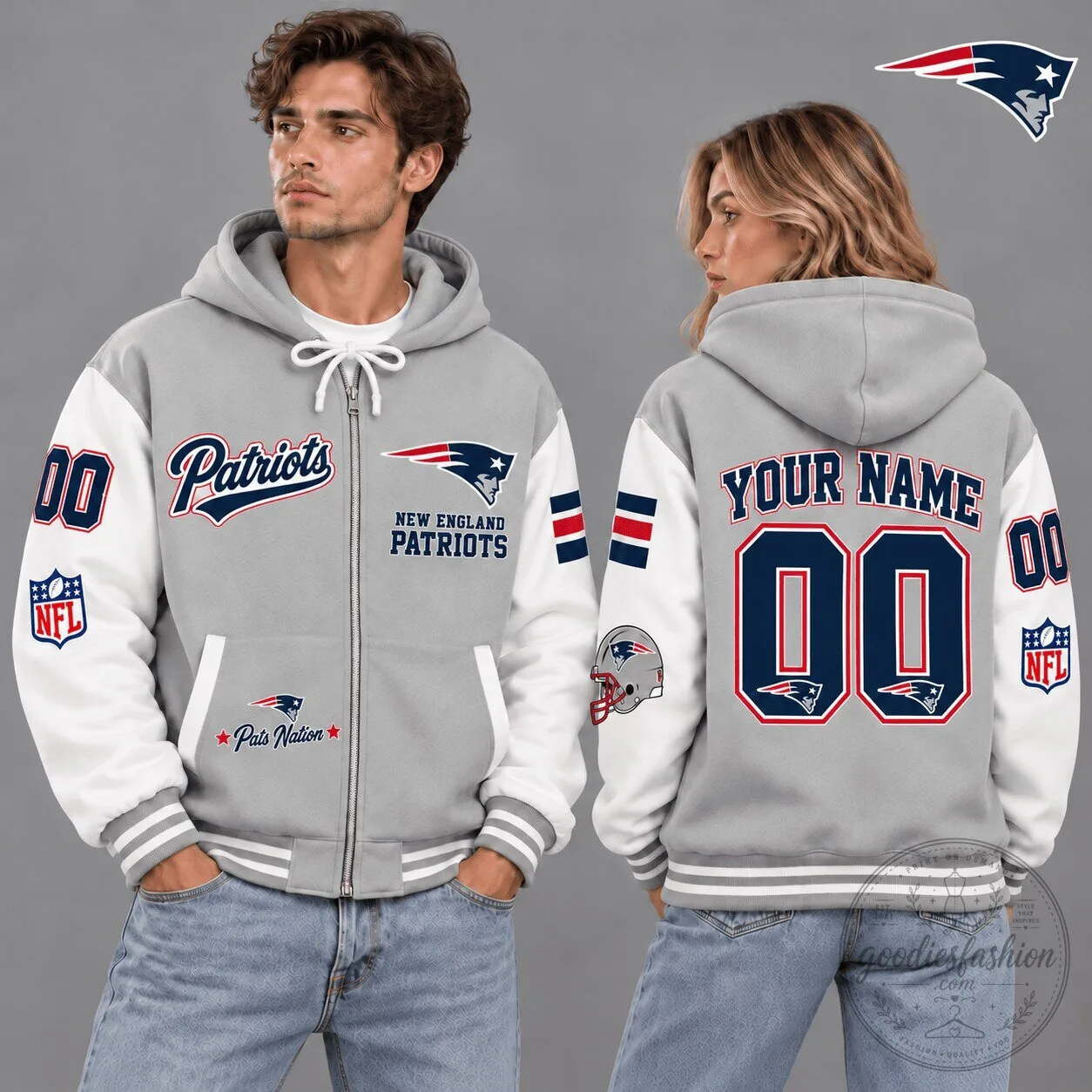 New England Patriots NFL Vintage Varsity Gray Custom Name Number Hoodie
