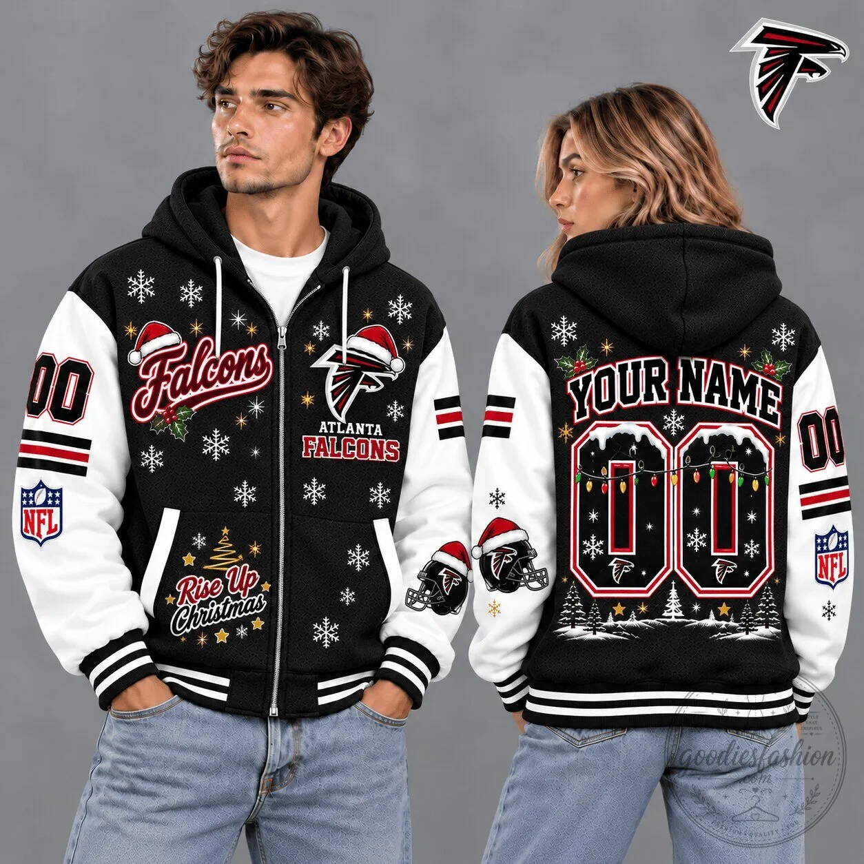 Atlanta Falcons Christmas Snowflake Custom Name Number Zip Up Hoodie
