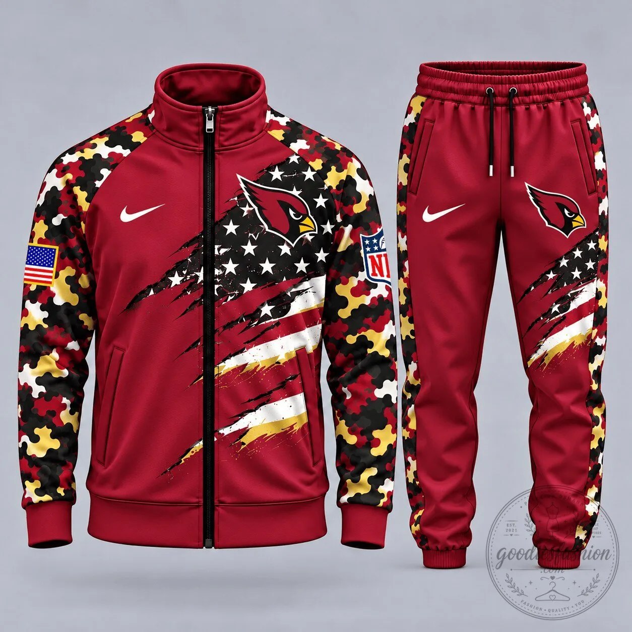 Arizona Cardinals American Flag Camouflage Red Track Jacket and Jogger Pants Set