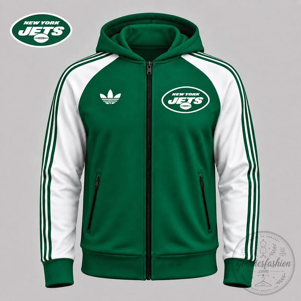 New York Jets Green and White Full Zip Hoodie with Stripes