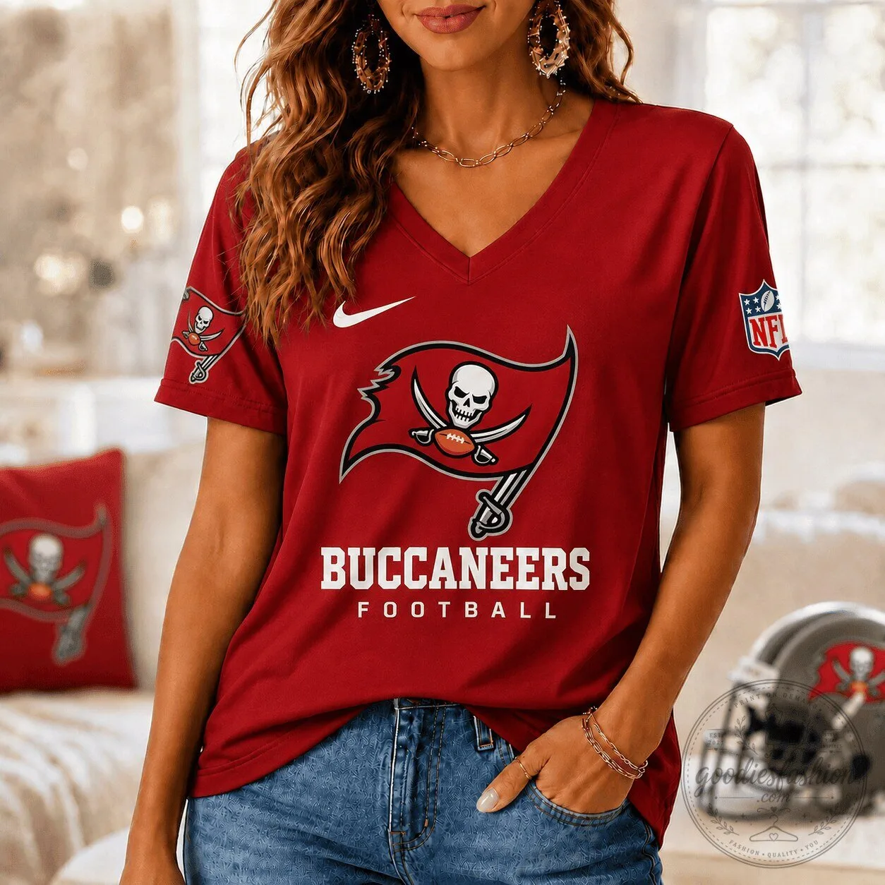 Tampa Bay Buccaneers Women's V-Neck Football Team Logo T-Shirt