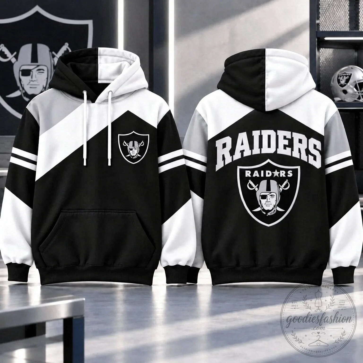 Las Vegas Raiders Black and White Colorblock Football Team Hoodie