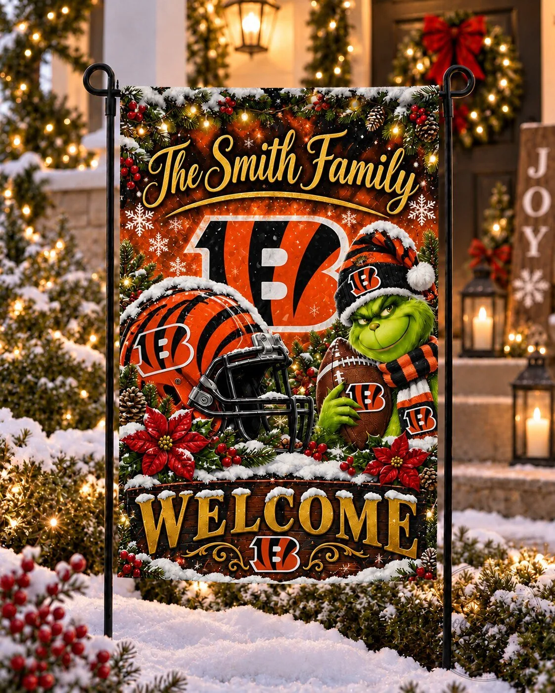 Cincinnati Bengals NFL Christmas Grinch Personalized Family Welcome Flag