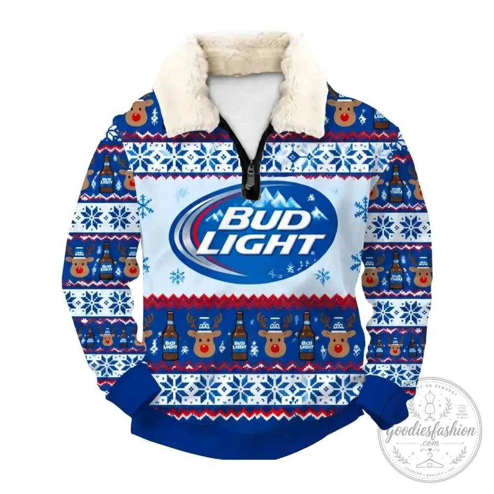 Bud Light Ugly Christmas Quarter Zip Sweatshirt with Faux Fur Collar 5 Bud Light Ugly Christmas Quarter Zip Sweatshirt with Faux Fur Collar