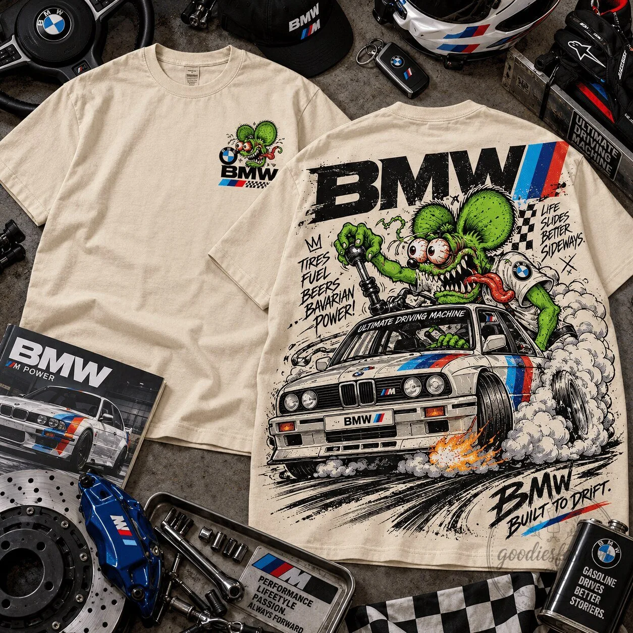 Graphic T-Shirt featuring BMW Rat Fink M Power Drift Car for Auto Lovers 2 Graphic T-Shirt featuring BMW Rat Fink M Power Drift Car for Auto Lovers