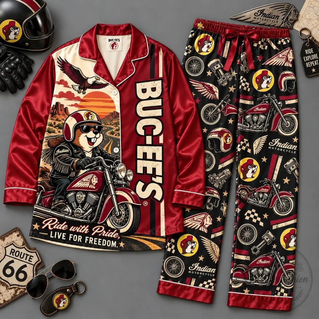 Buc-ee's Ride With Pride Motorcycle Print Red Black Long Sleeve Pajamas Set Buc-ee's Ride With Pride Motorcycle Print Red Black Long Sleeve Pajamas Set