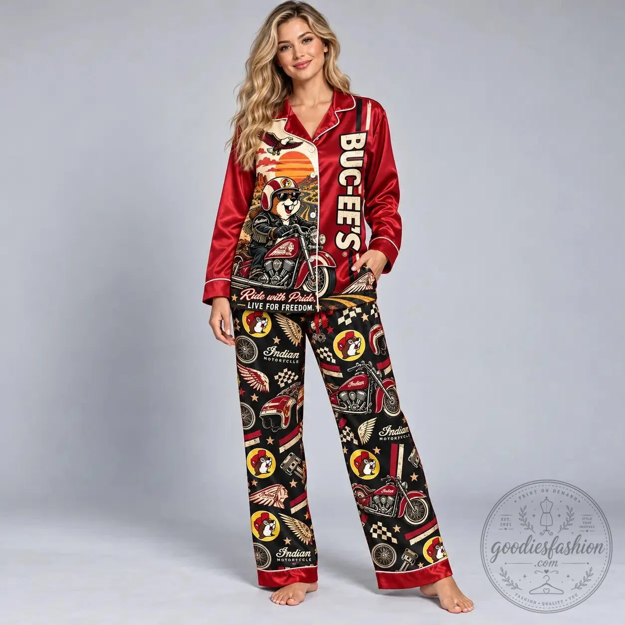 Buc-ee's Ride With Pride Motorcycle Print Red Black Long Sleeve Pajamas Set 6 Buc-ee