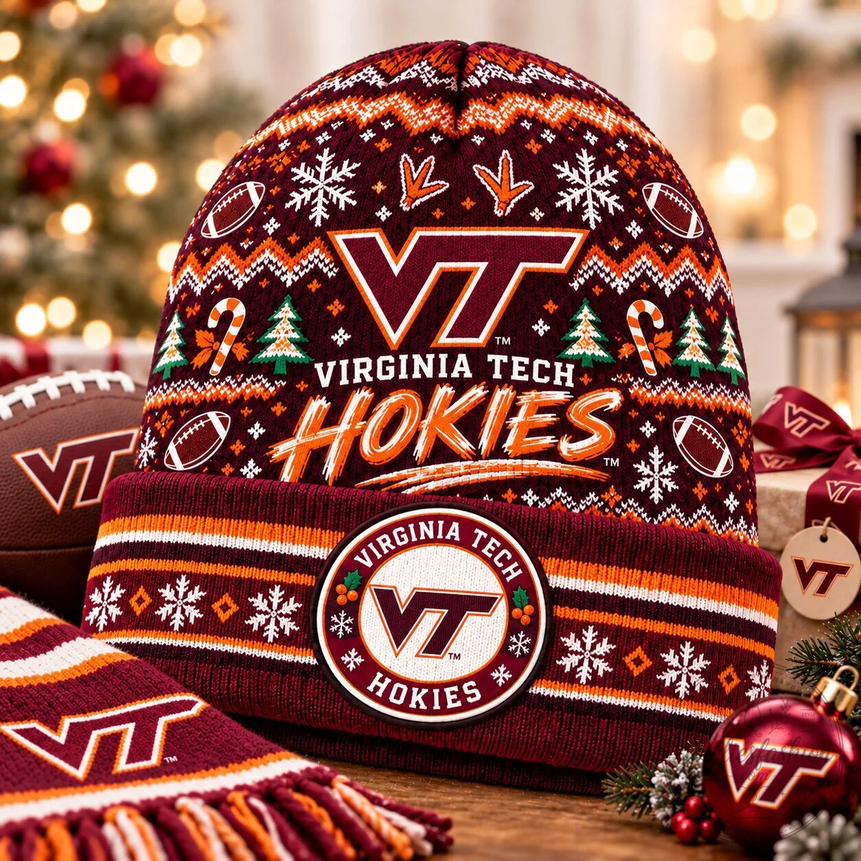 Virginia Tech Hokies Ugly Christmas Sweater Pattern Beanie Hat