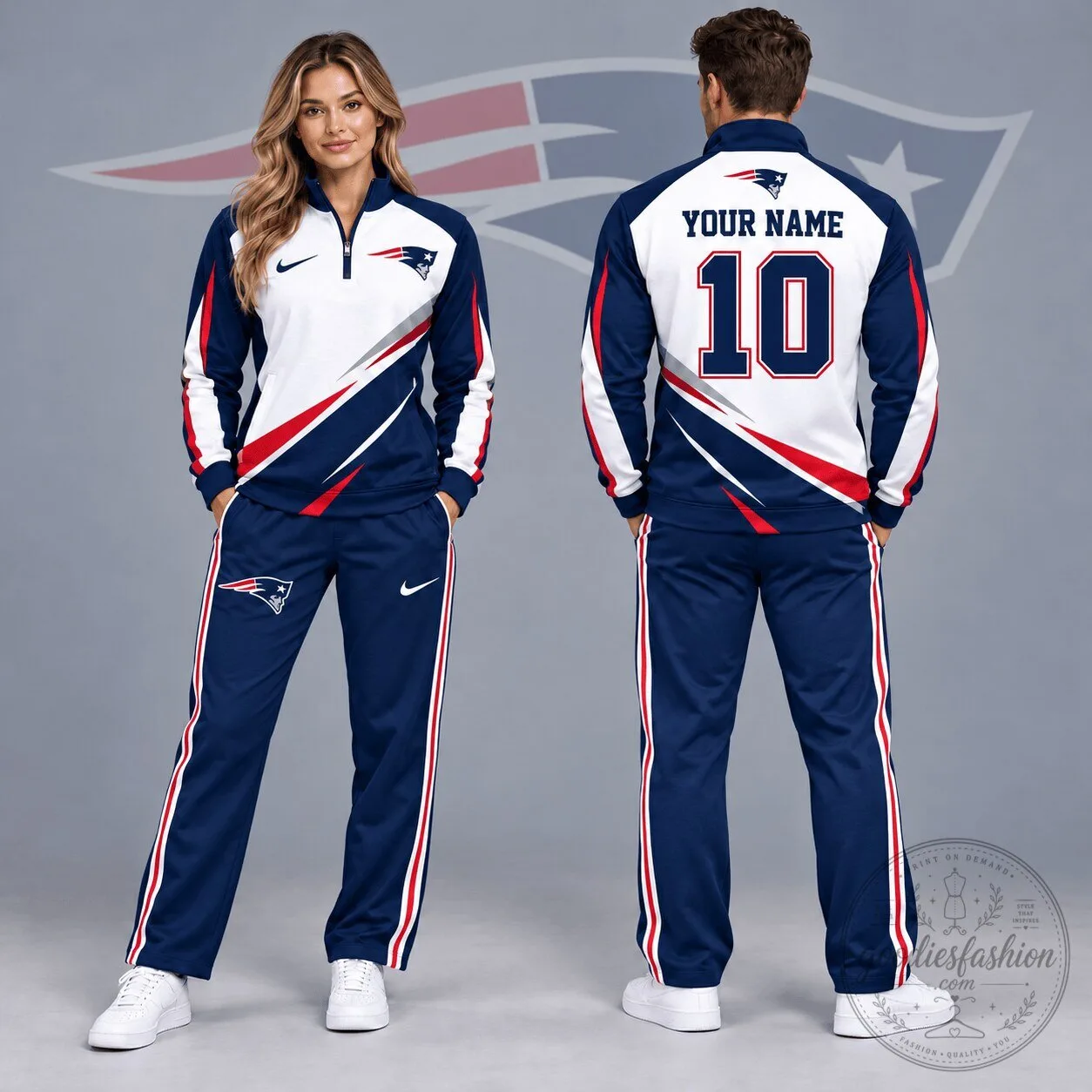 New England Patriots Quarter Zip Pullover Tracksuit Set with Custom Name and Number