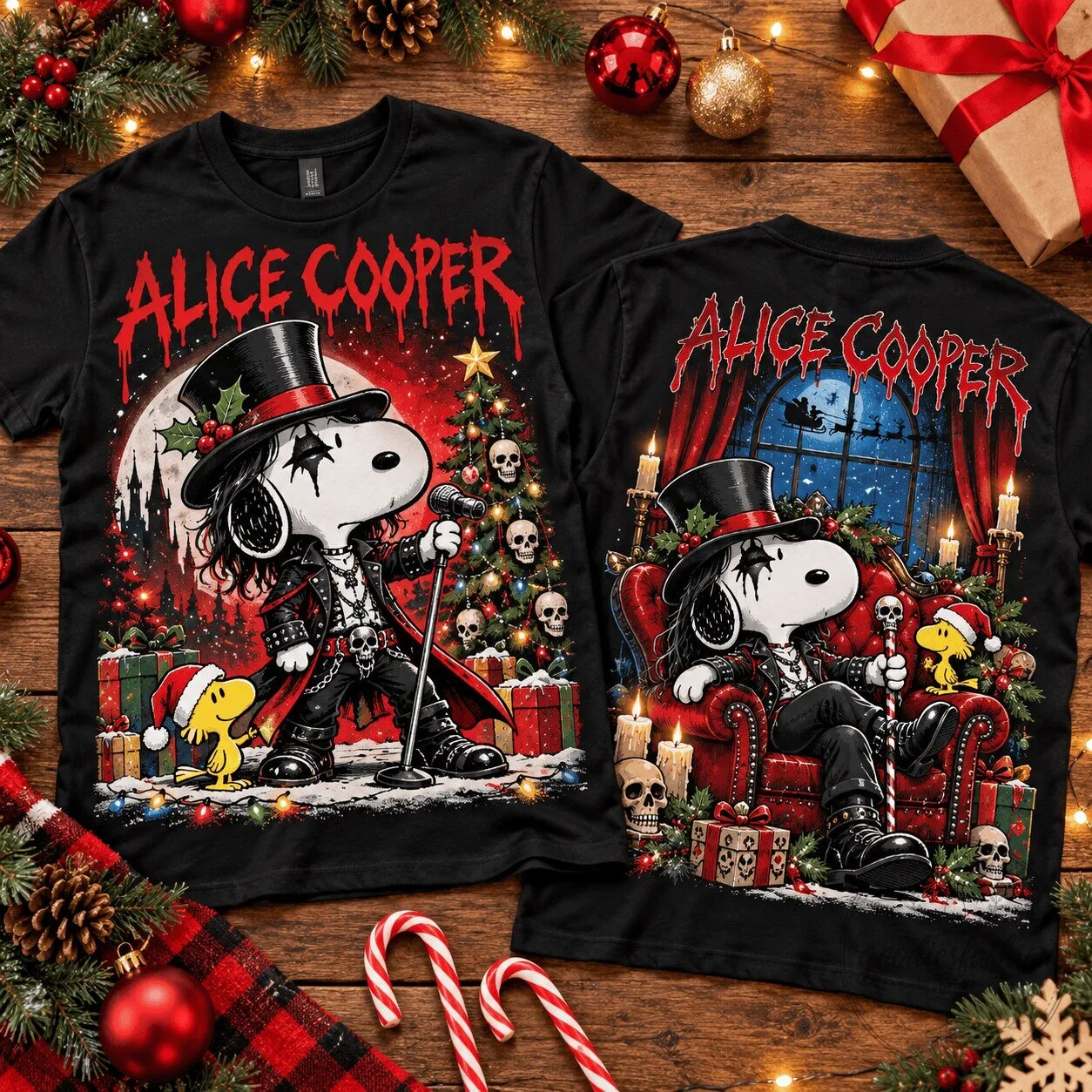 Alice Cooper Snoopy Gothic Christmas Holiday Black T-Shirt