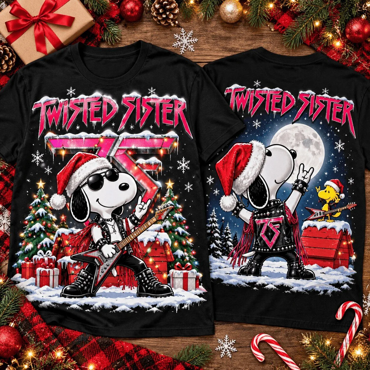 Black Christmas T-Shirt featuring Twisted Sister, Snoopy, Guitar, and Holiday Lights