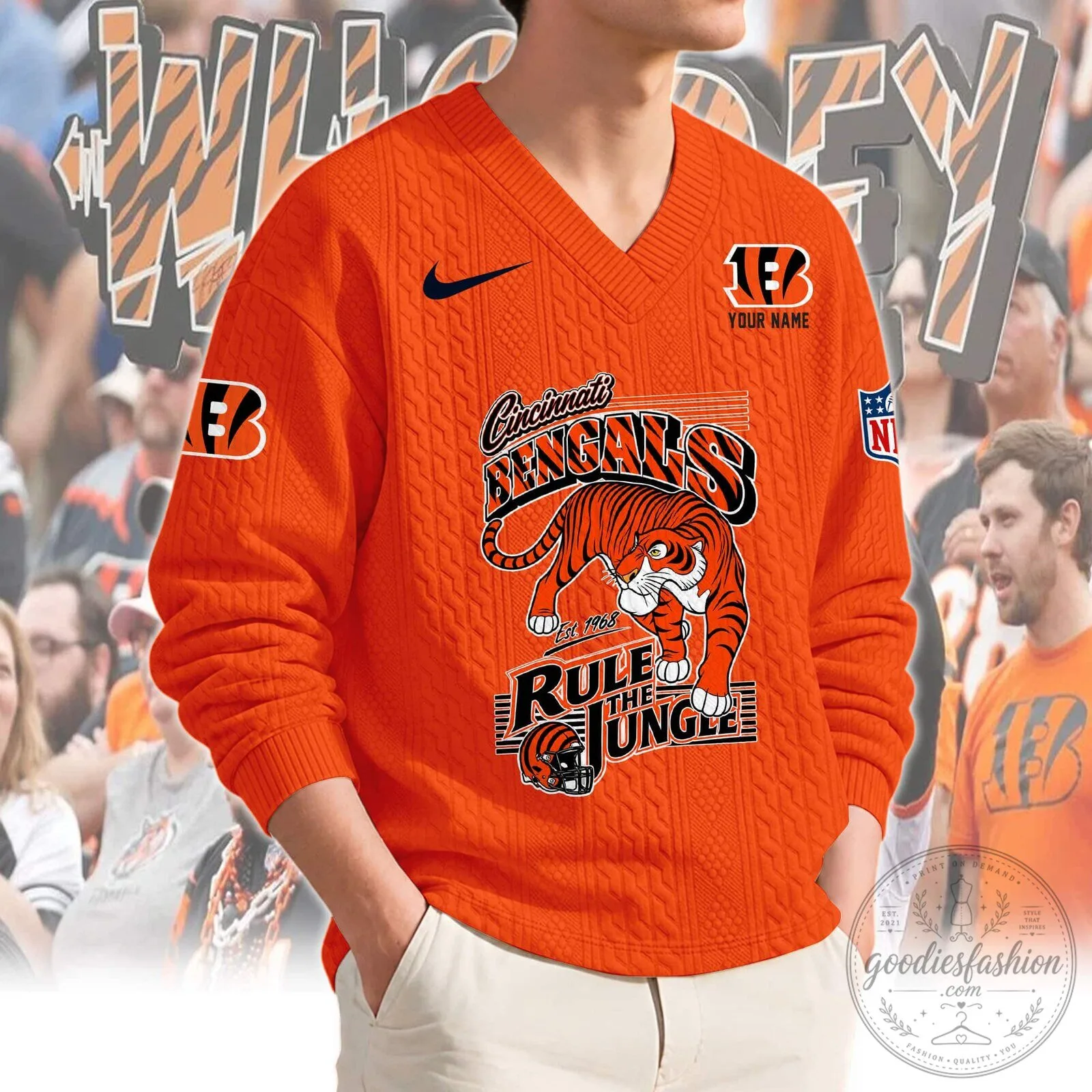 Cincinnati Bengals Rule The Jungle Tiger Logo Knit V-Neck Sweater