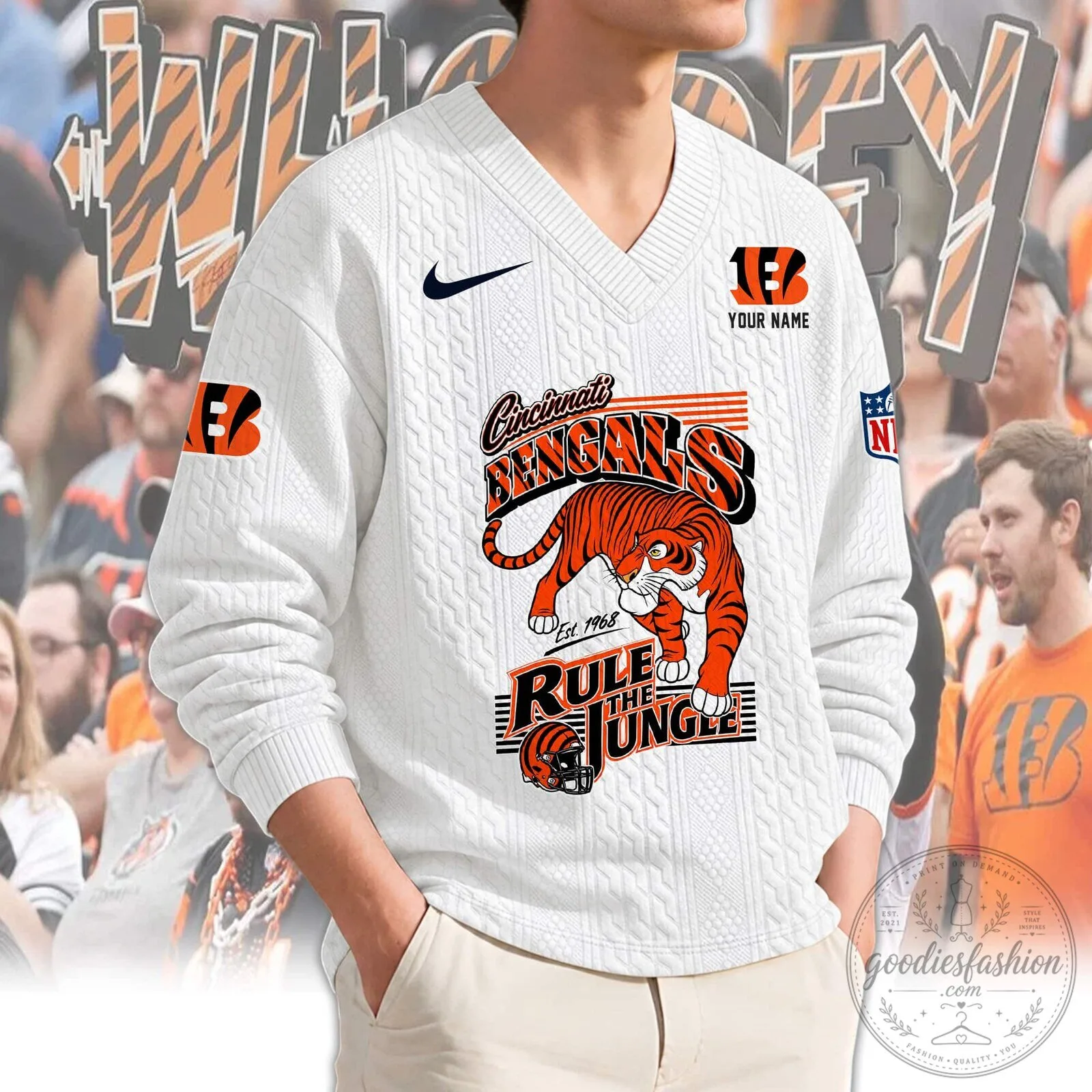 Cincinnati Bengals Rule The Jungle Tiger Logo Knit V-Neck Sweater 11 Cincinnati Bengals Rule The Jungle Tiger Logo Knit V-Neck Sweater