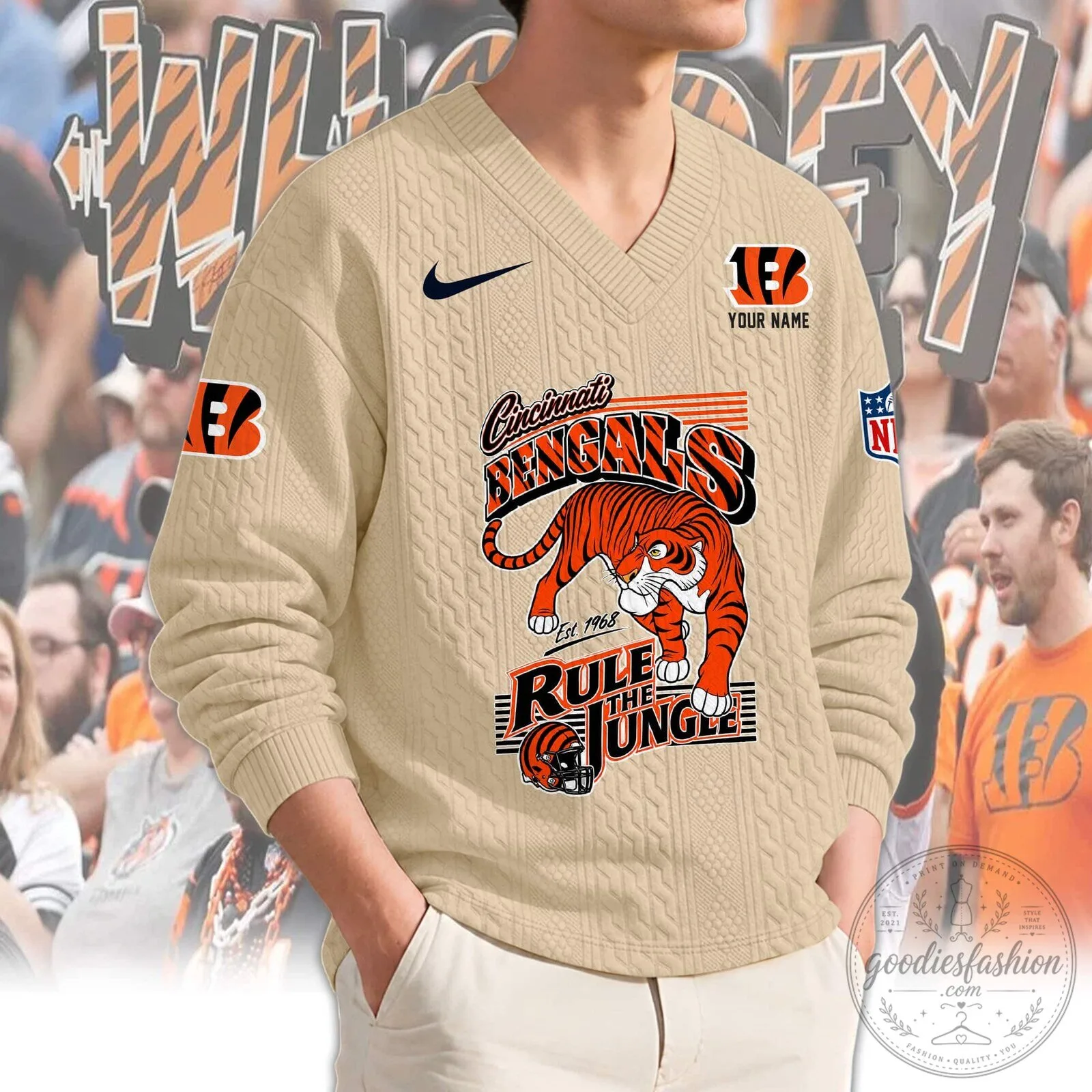 Cincinnati Bengals Rule The Jungle Tiger Logo Knit V-Neck Sweater 12 Cincinnati Bengals Rule The Jungle Tiger Logo Knit V-Neck Sweater