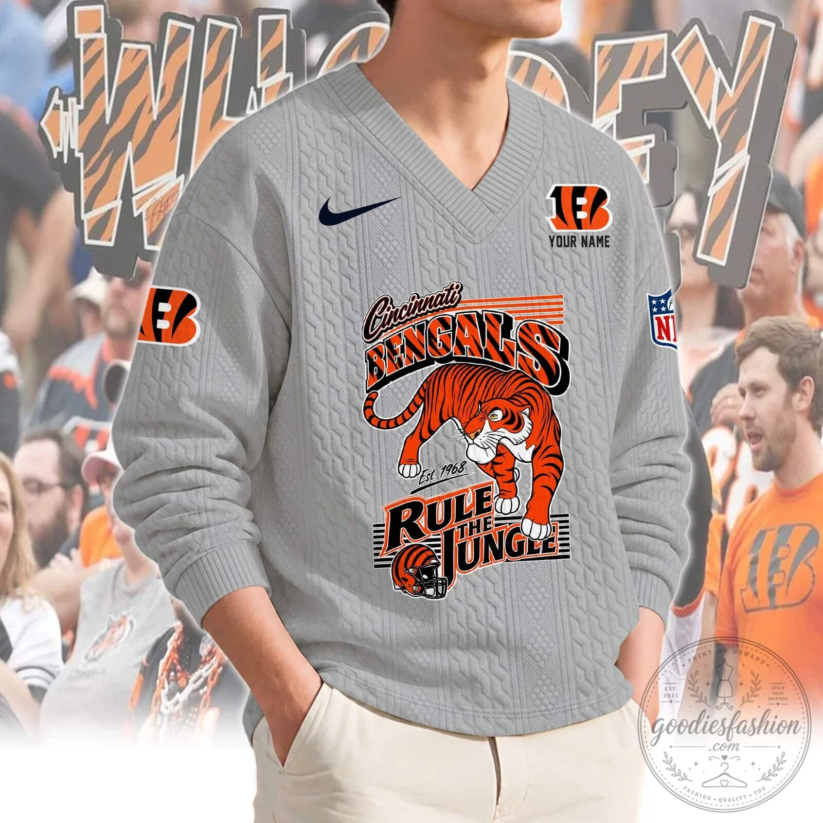 Cincinnati Bengals Rule The Jungle Tiger Logo Knit V-Neck Sweater 13 Cincinnati Bengals Rule The Jungle Tiger Logo Knit V-Neck Sweater
