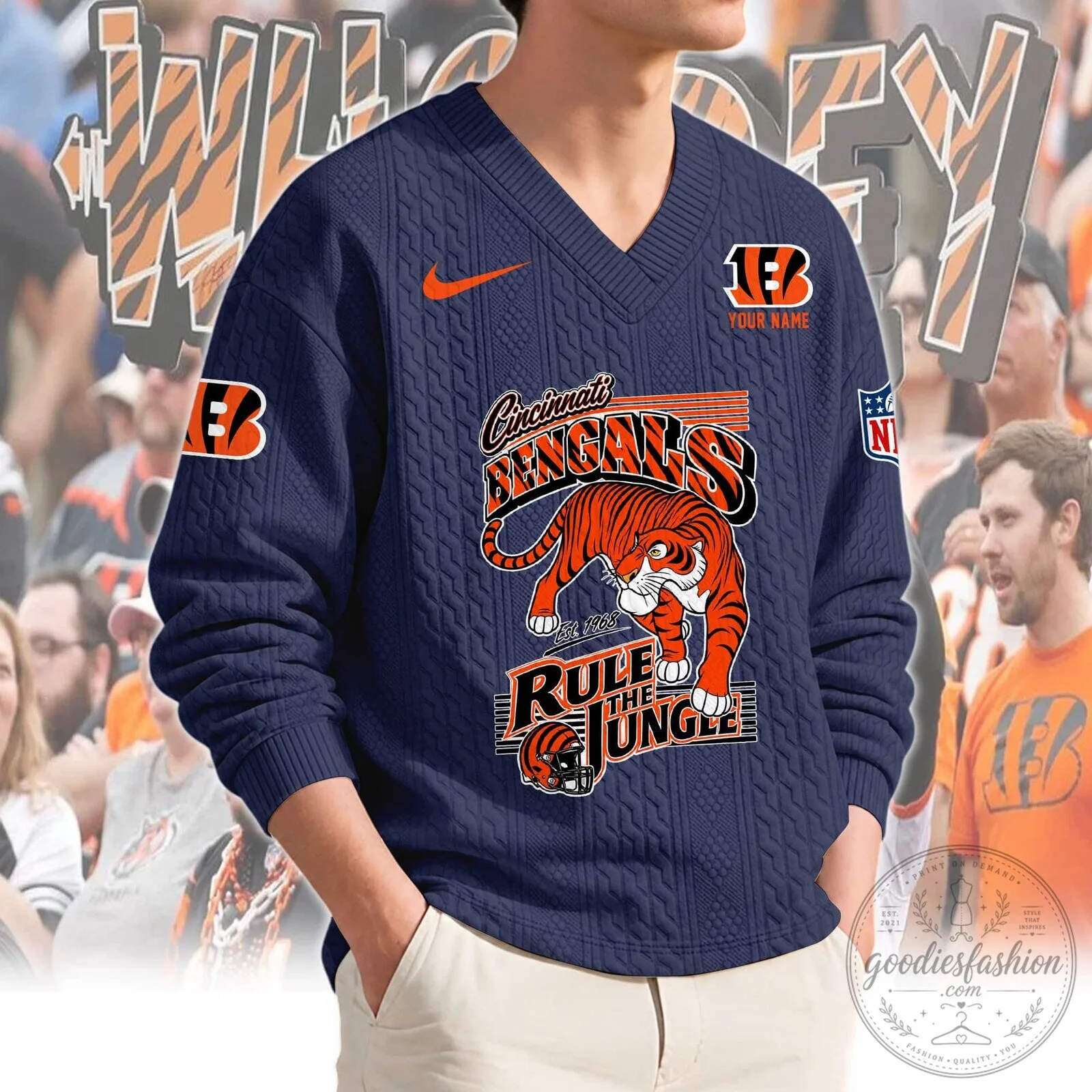 Cincinnati Bengals Rule The Jungle Tiger Logo Knit V-Neck Sweater 14 Cincinnati Bengals Rule The Jungle Tiger Logo Knit V-Neck Sweater