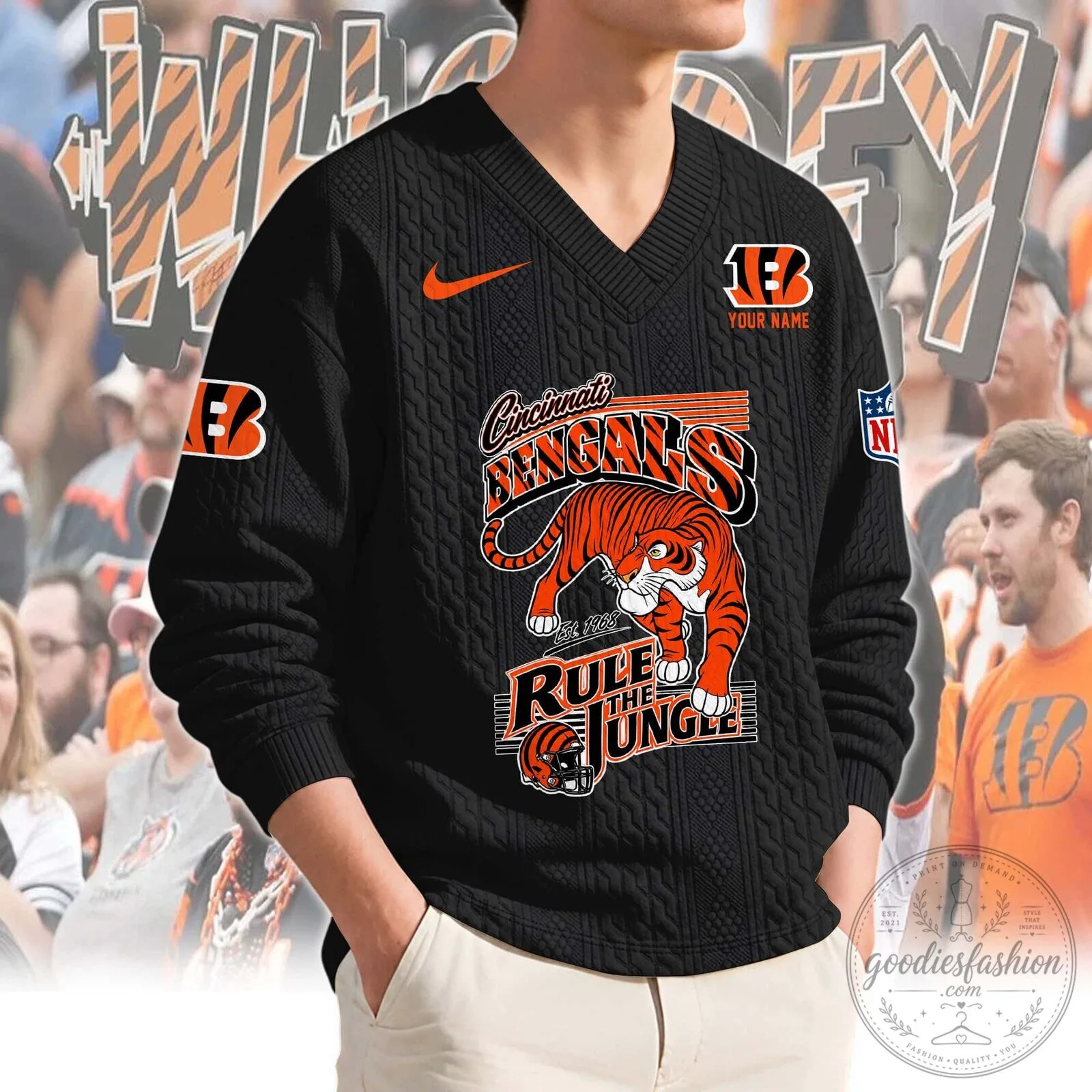 Cincinnati Bengals Rule The Jungle Tiger Logo Knit V-Neck Sweater 15 Cincinnati Bengals Rule The Jungle Tiger Logo Knit V-Neck Sweater