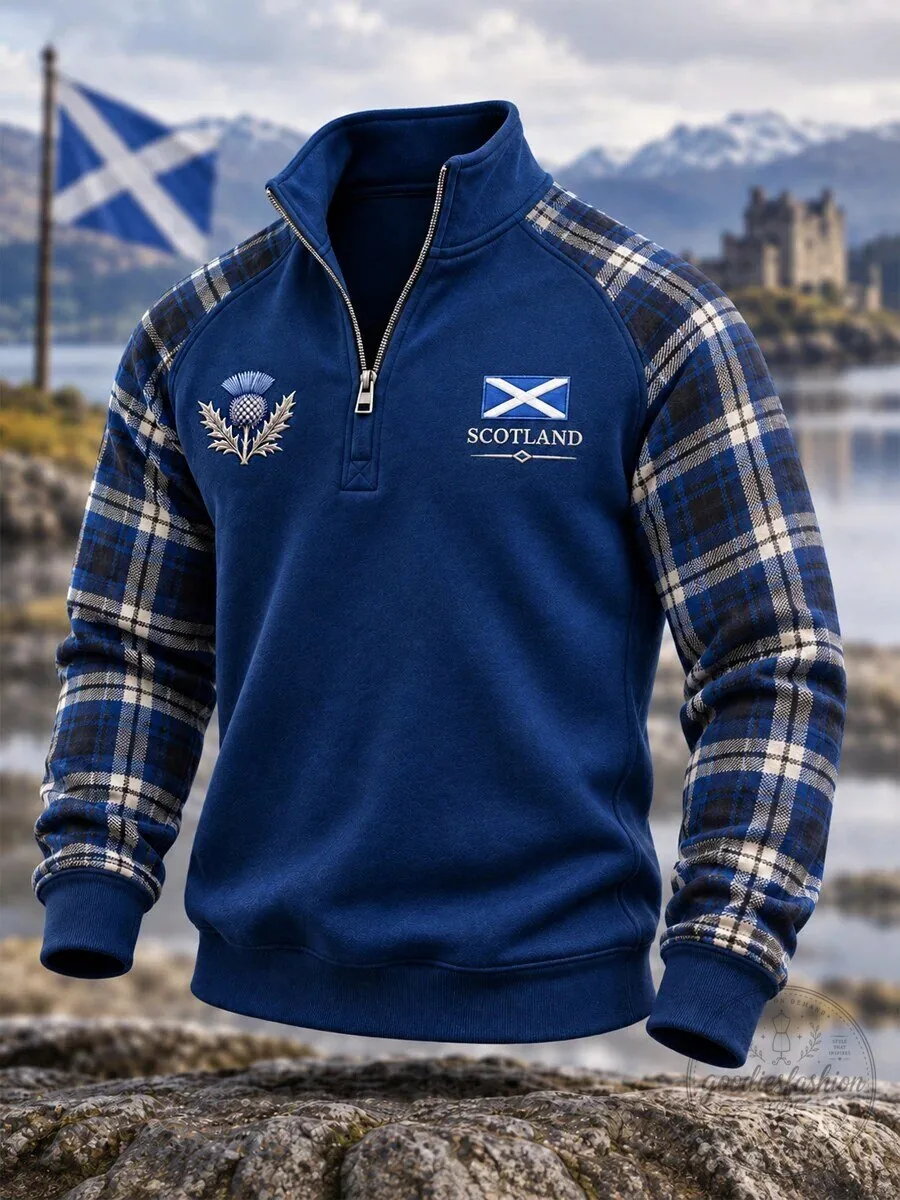 Scotland Thistle Embroidered Plaid Sleeve Quarter Zip Sweatshirt