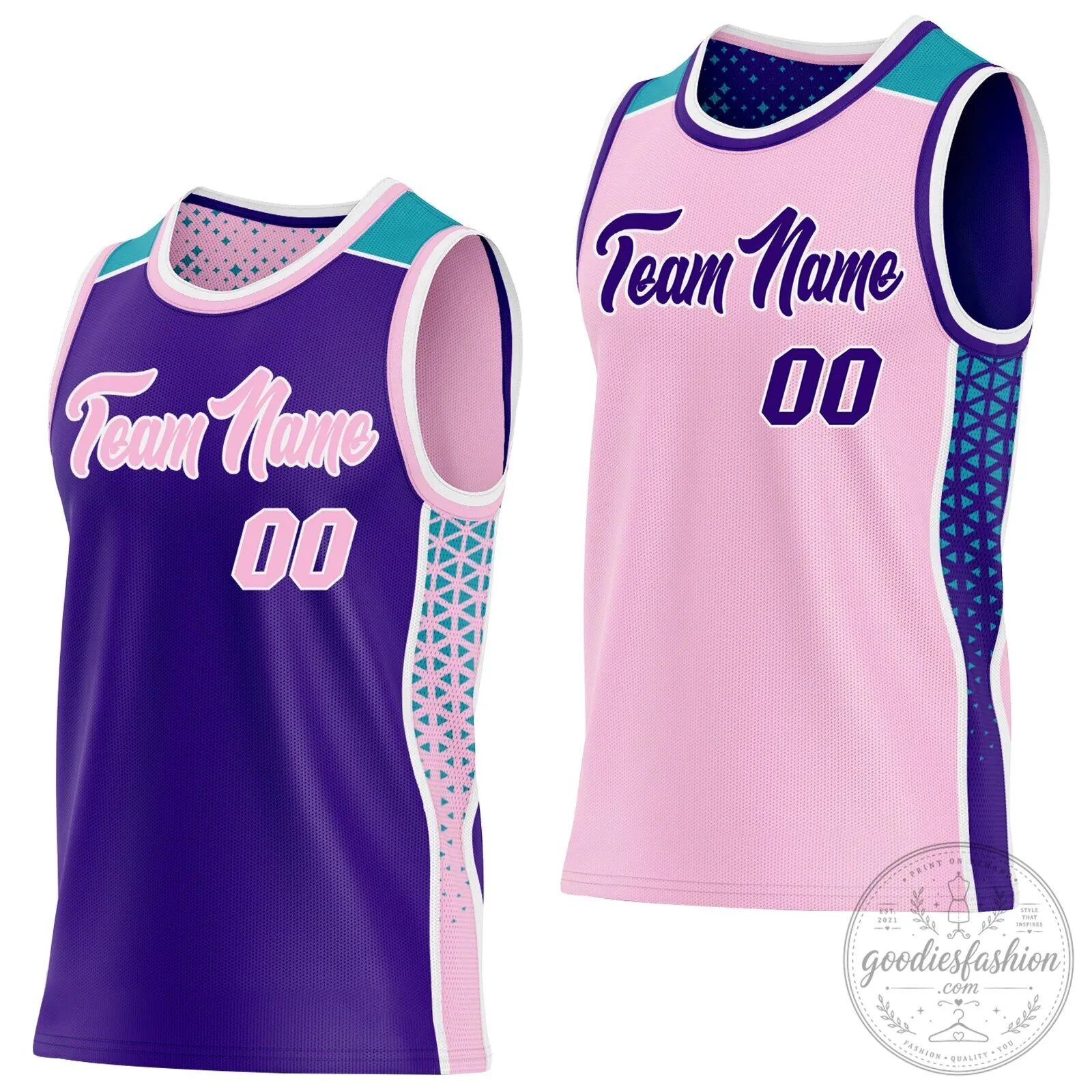 Custom Reversible Purple Pink Teal Geometric Basketball Jersey for Teams