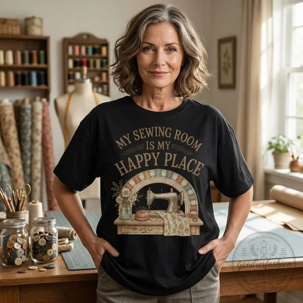 My Sewing Room Is My Happy Place Vintage Sewing Machine Graphic T-Shirt