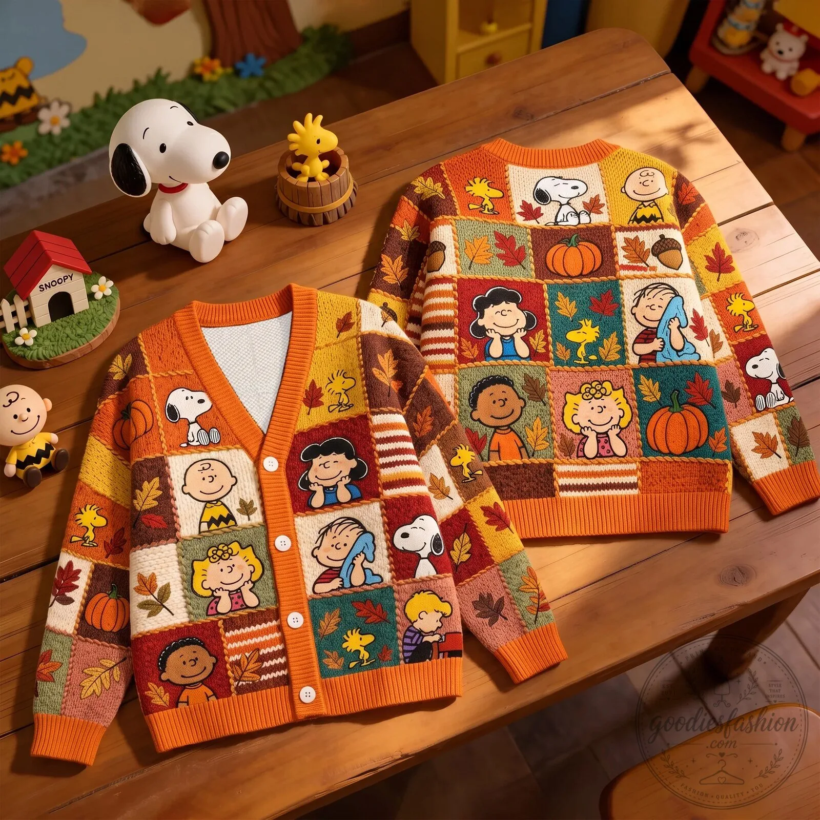 Snoopy Peanuts Autumn Patchwork Cardigan Sweater 2 Snoopy Peanuts Autumn Patchwork Cardigan Sweater