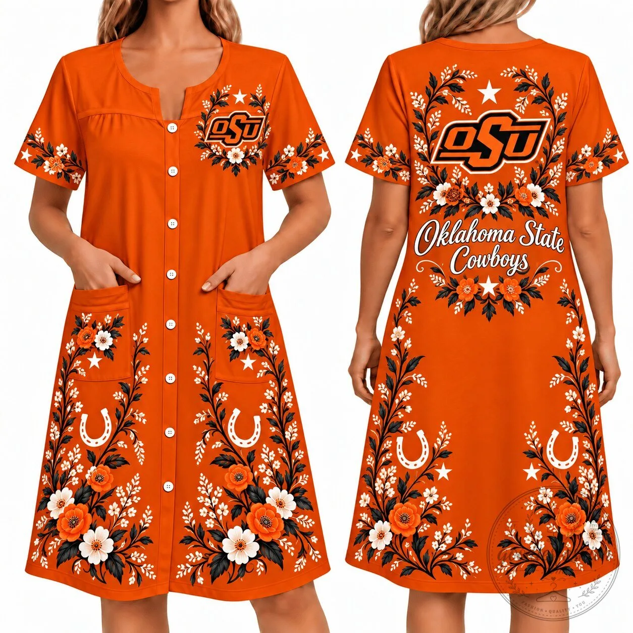 Oklahoma State Cowboys Floral House Dress for Women with Pockets