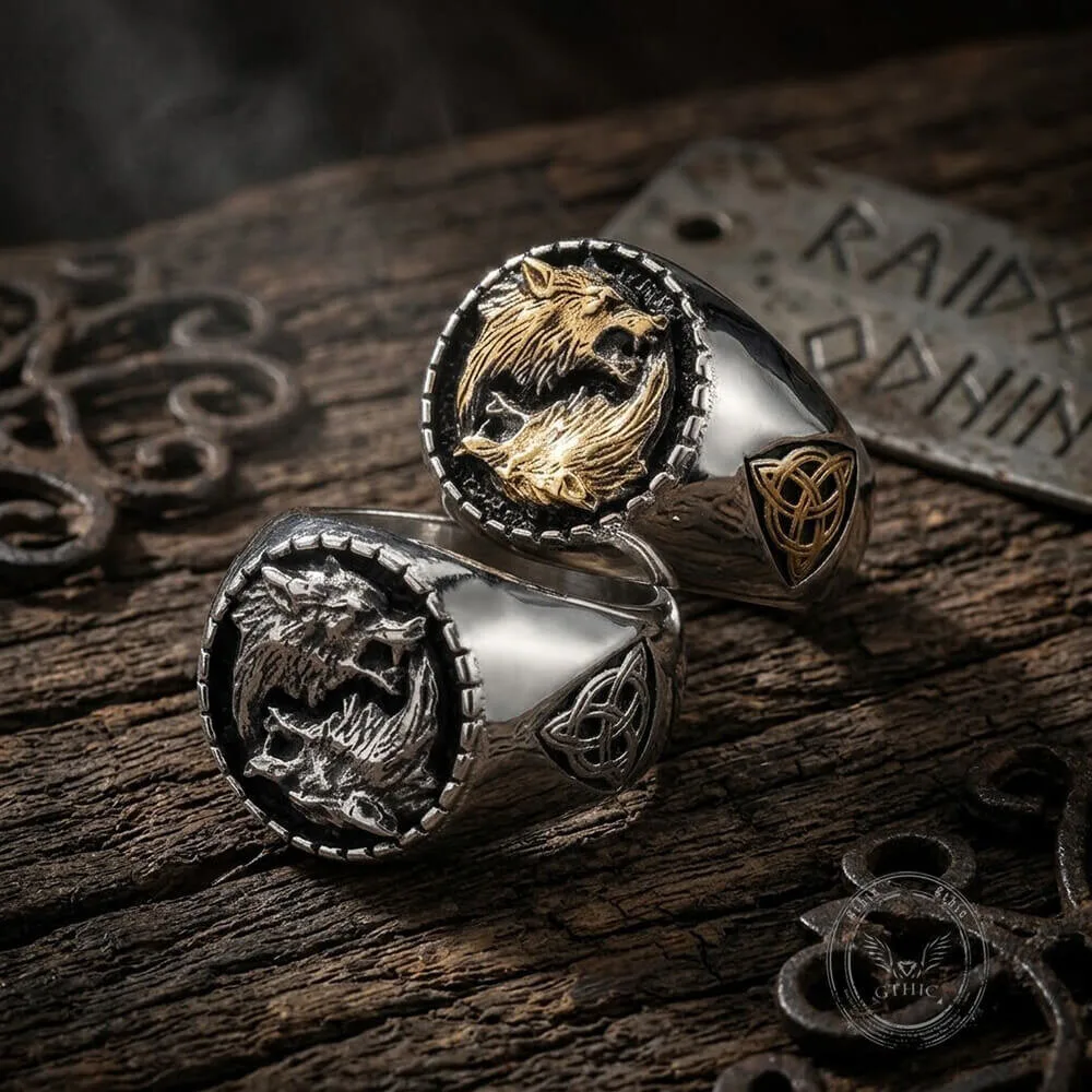 Viking Wolf Fenrir Celtic Knot Stainless Steel Signet Ring for Men
