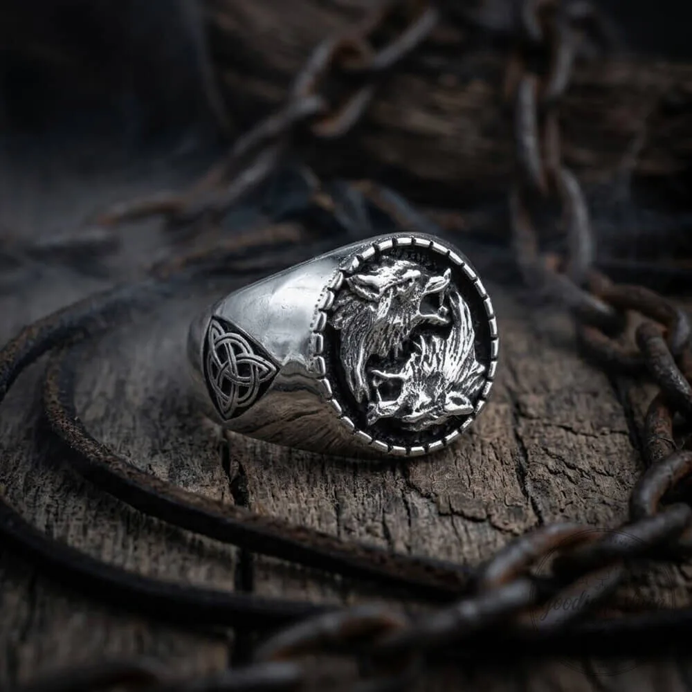 Viking Wolf Fenrir Celtic Knot Stainless Steel Signet Ring for Men 10 Viking Wolf Fenrir Celtic Knot Stainless Steel Signet Ring for Men