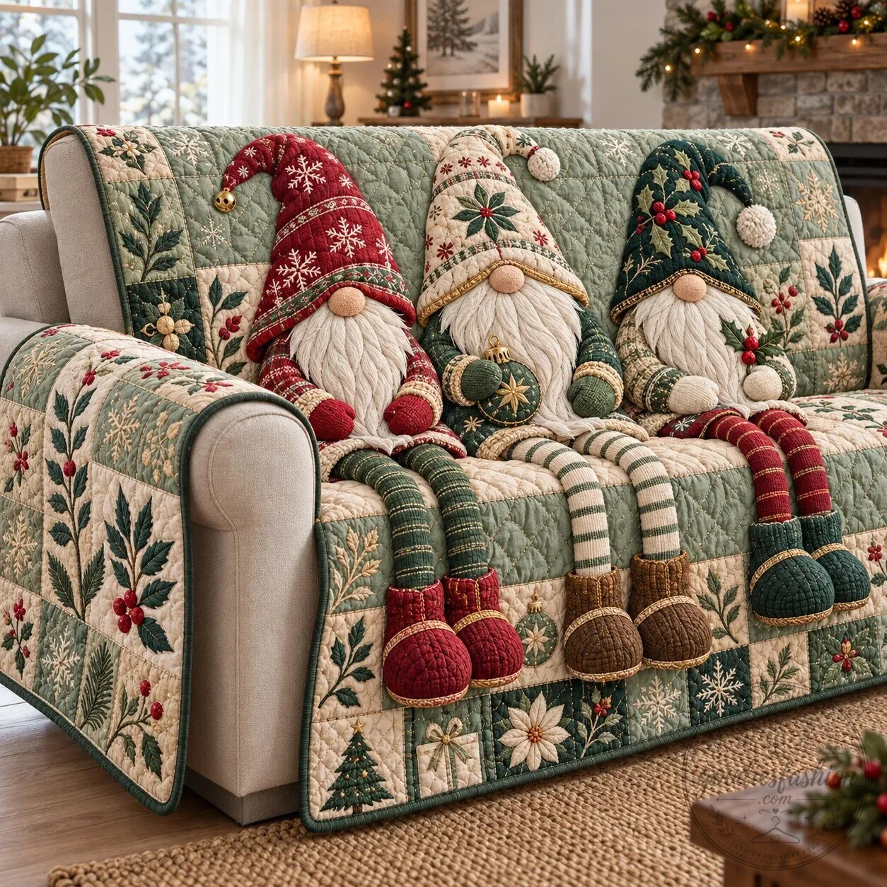 Christmas Gnomes Cheering Holiday Quilted Sofa Cover