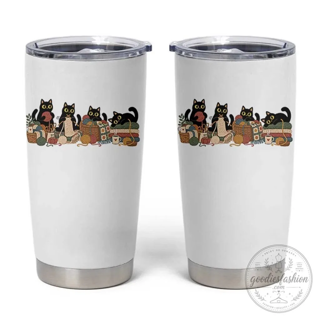 Cute Black Cats Knitting Yarn Lover Stainless Steel Tumbler Cup Gift