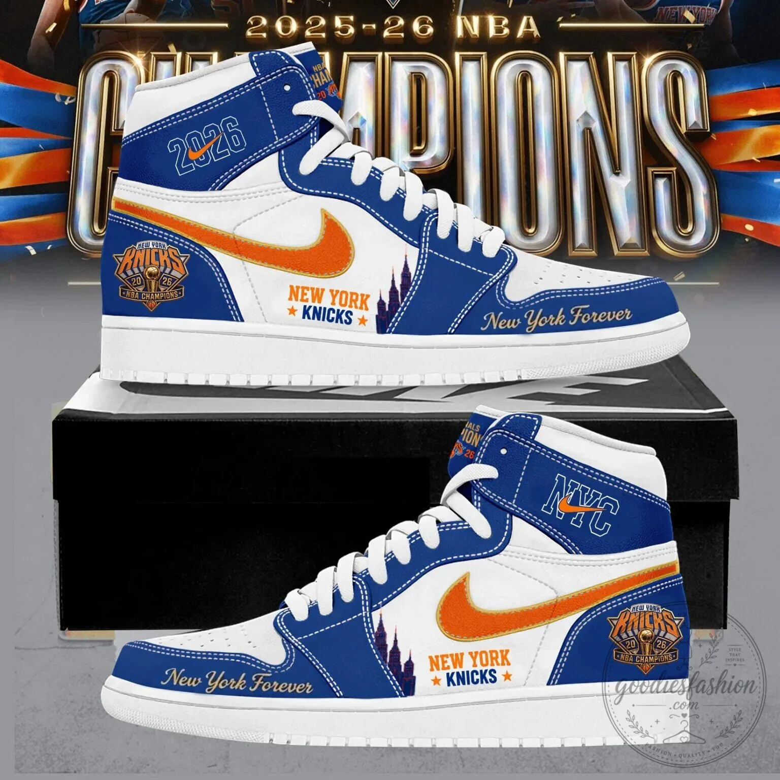 New York Knicks 2026 NBA Champions High-Top Sneakers 5 New York Knicks 2026 NBA Champions High-Top Sneakers