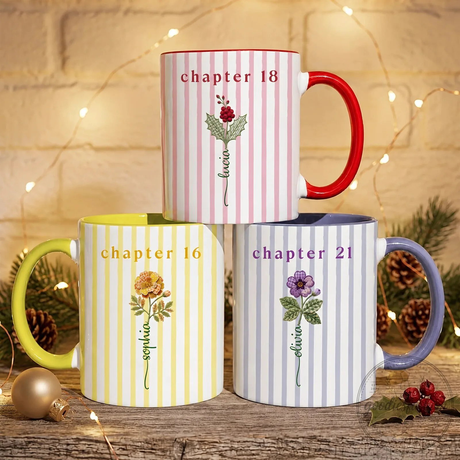 Personalized Birth Flower Striped Custom Name Birthday Gift Mug
