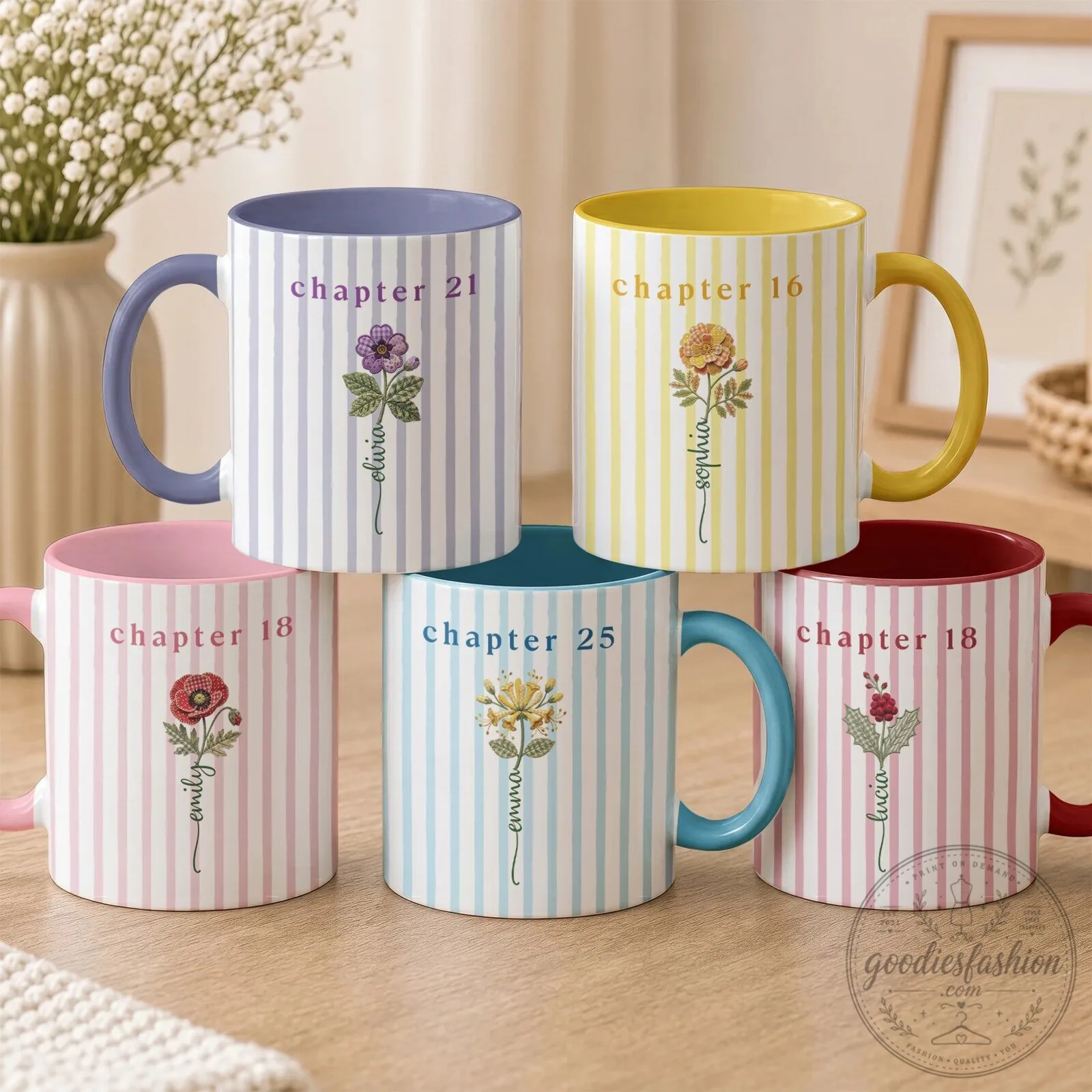 Personalized Birth Flower Striped Custom Name Birthday Gift Mug 11 Personalized Birth Flower Striped Custom Name Birthday Gift Mug