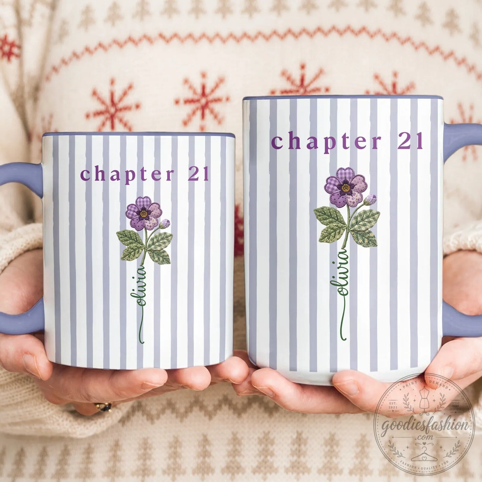 Personalized Birth Flower Striped Custom Name Birthday Gift Mug 15 Personalized Birth Flower Striped Custom Name Birthday Gift Mug