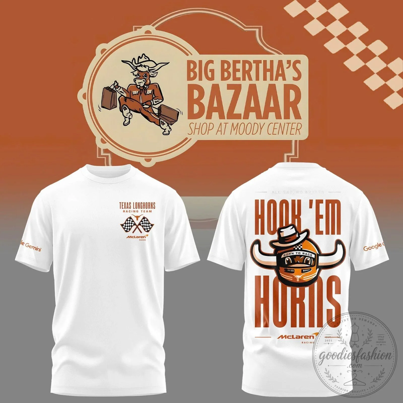 Texas Longhorns Racing Team McLaren Hook 'Em Horns White T-Shirt 2 Texas Longhorns Racing Team McLaren Hook 'Em Horns White T-Shirt
