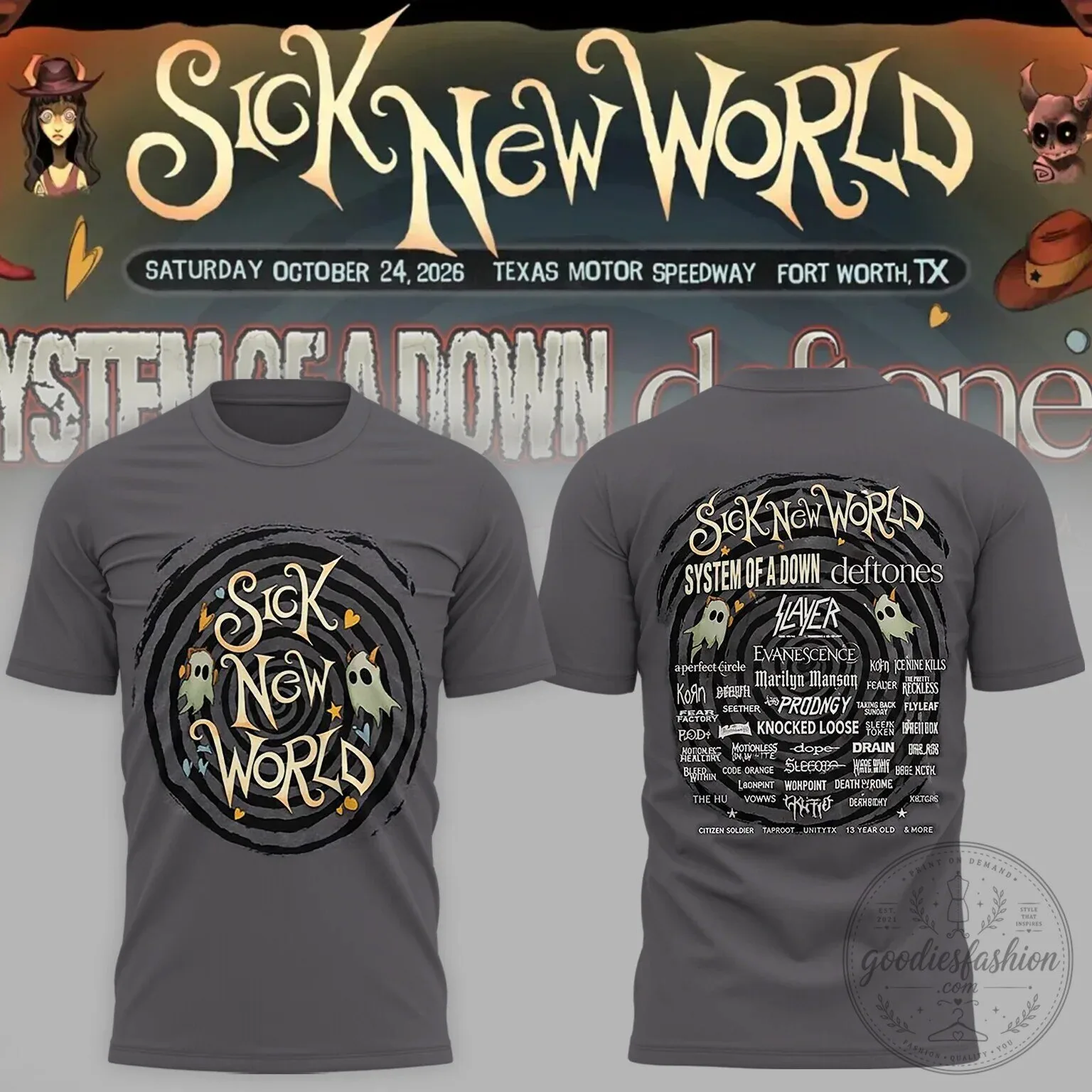 2026 Sick New World Festival T-Shirt for Music Fans Featuring Band Lineup