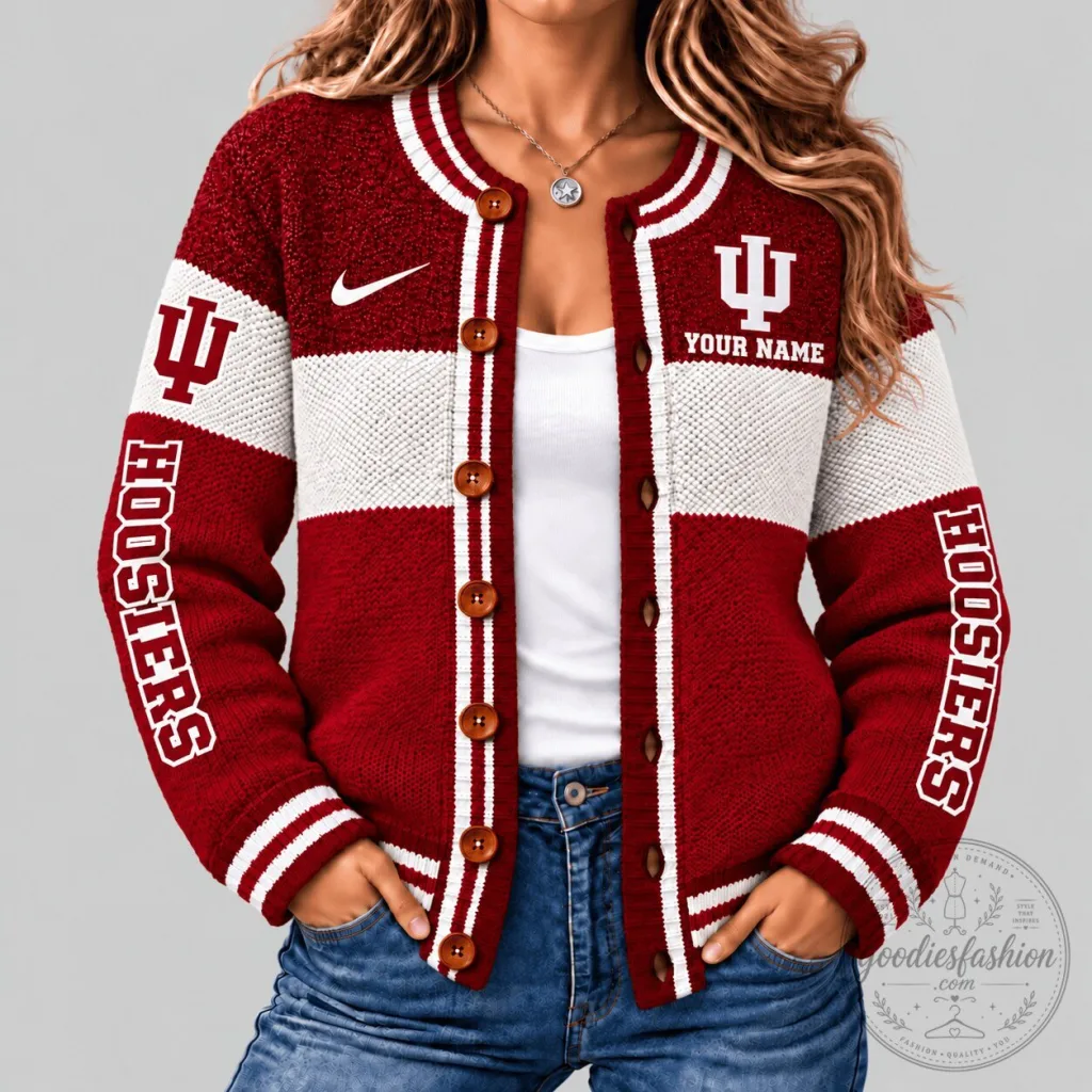 Indiana Hoosiers NCAA Personalized Color Block Varsity Cardigan Sweater Indiana Hoosiers NCAA Personalized Color Block Varsity Cardigan Sweater