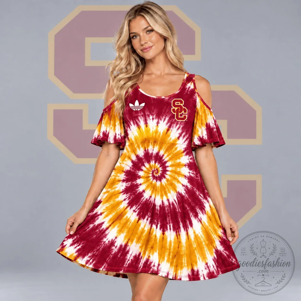 USC Trojans Women's Tie Dye Cold Shoulder Ruffle Dress