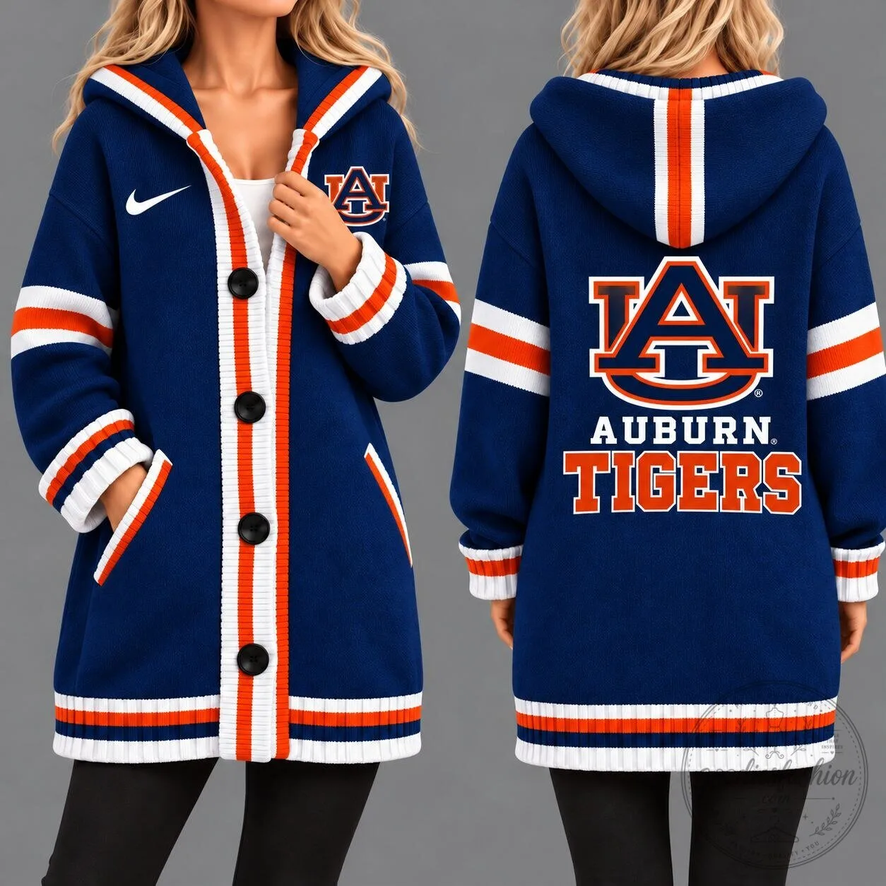 Auburn Tigers NCAA Game Day Blue Striped Button-Up Hooded Cardigan Jacket