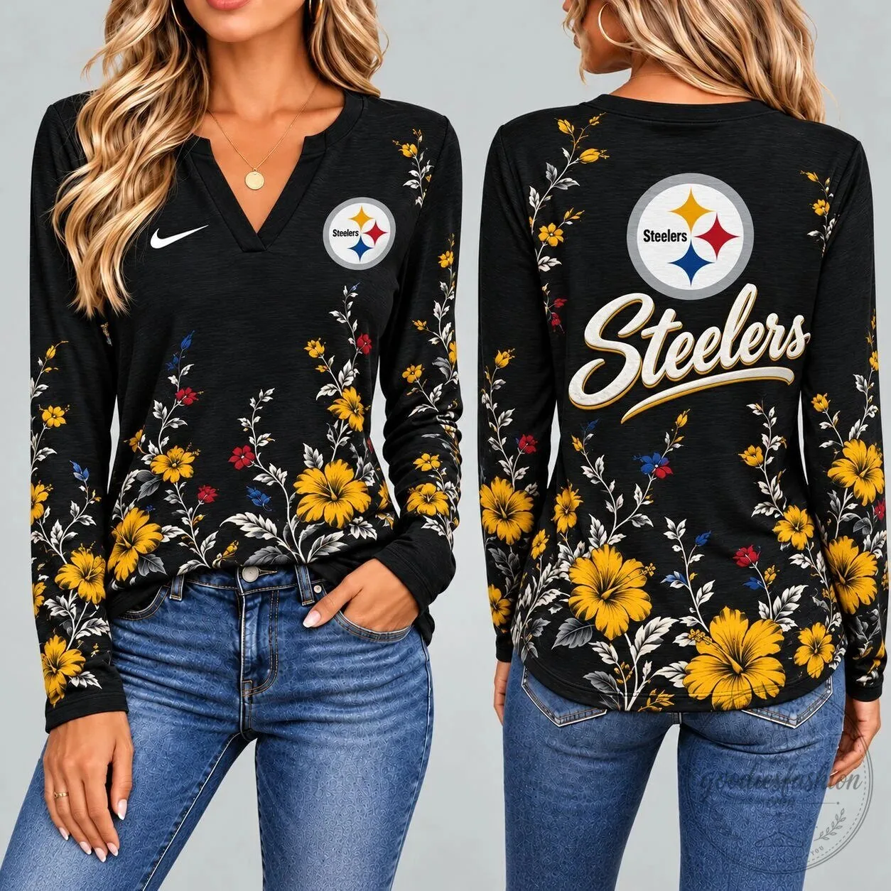 Pittsburgh Steelers Floral Vintage V-Neck Long Sleeve Shirt for Women