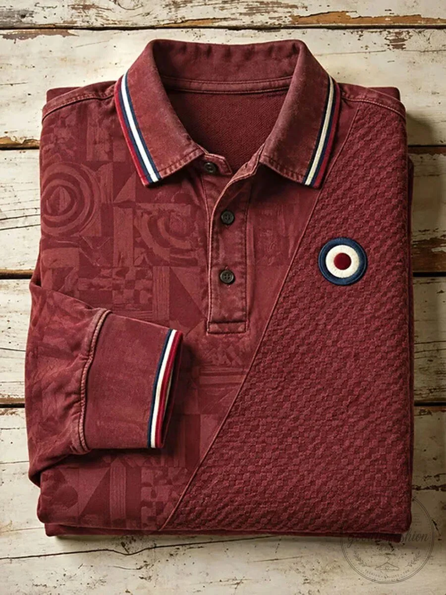 Long Sleeve Polo Shirt for Men with British Mod Target Embroidery