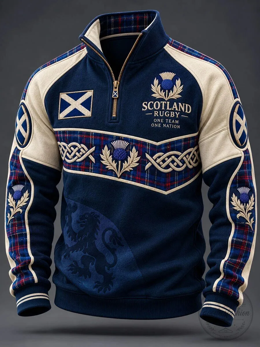Scotland Rugby One Team One Nation Thistle Tartan Quarter-Zip Sweatshirt