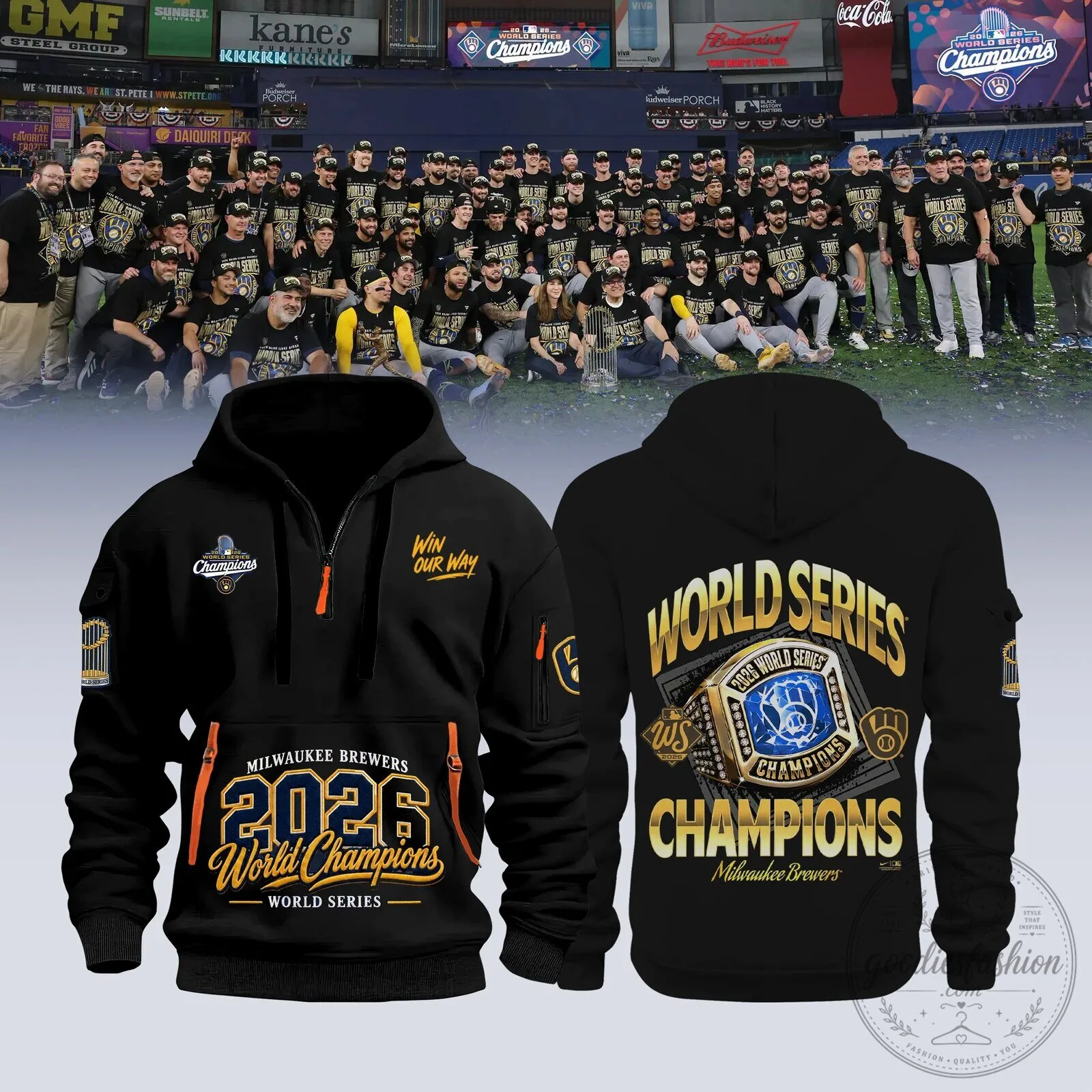 Black Half-Zip Hoodie for 2026 World Series Champions - Milwaukee Brewers